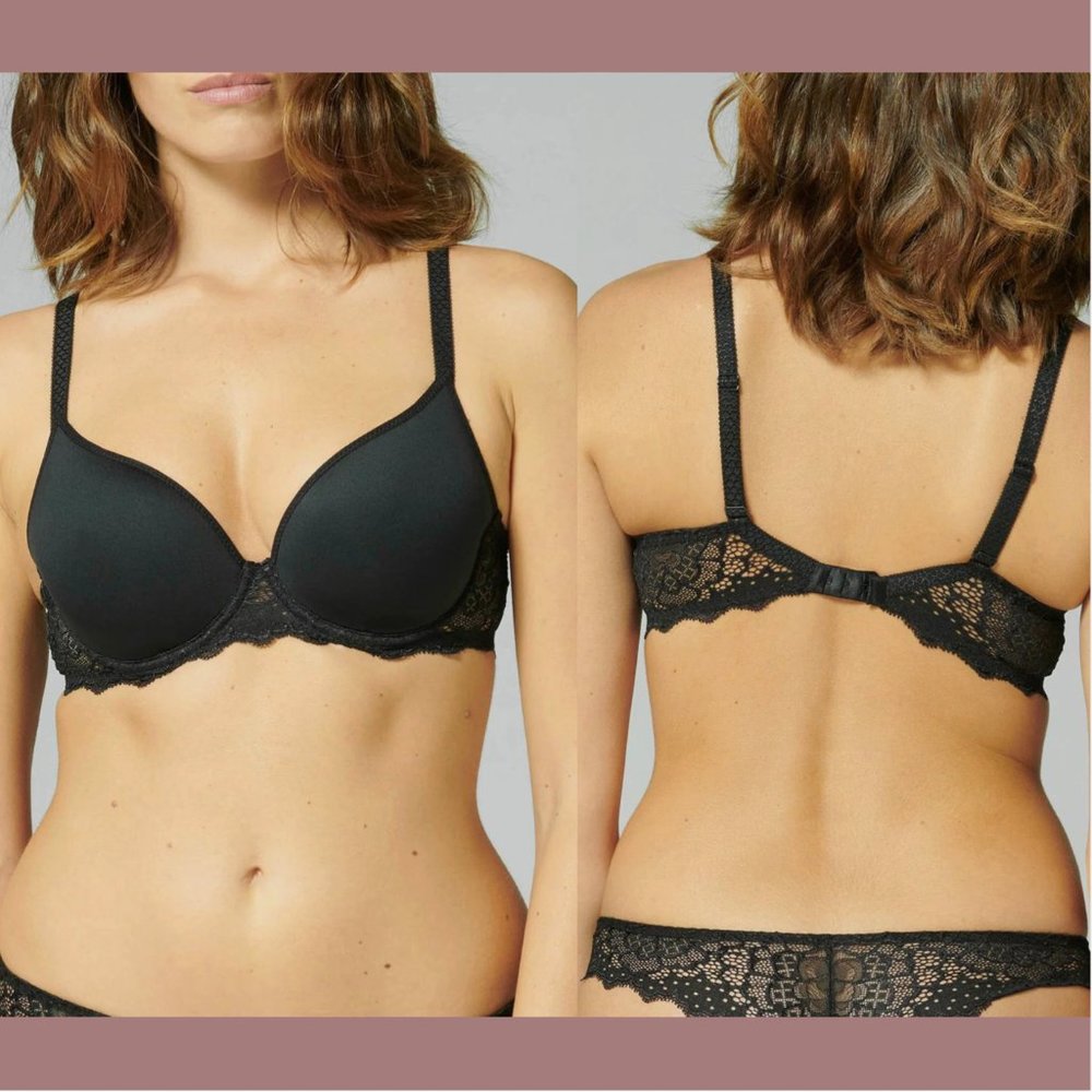 NWT $115 Simone Perele [ 36E ] Caresse Underwire Plunge‎ Bra in Black #T1896